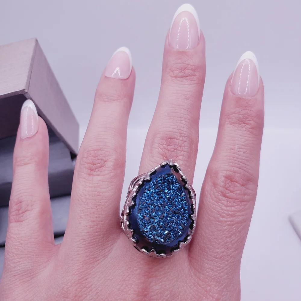 Pear Shaped Blue Druzy Scroll Design Statement Ring